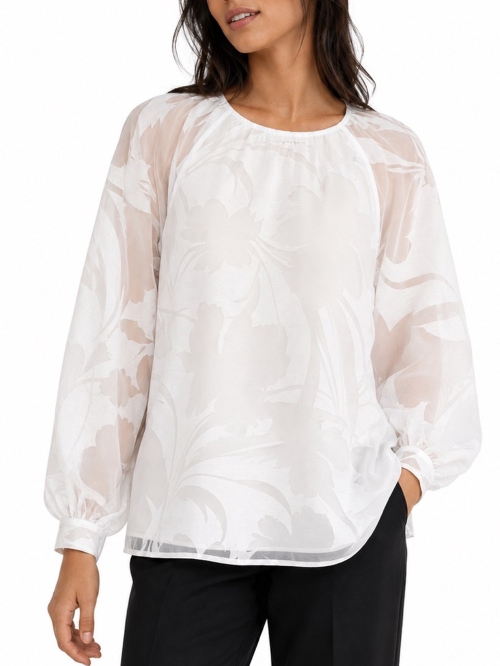 Alfani White Floral Burnout Sheer Sleeve Blouse Romantic Office Bridal
